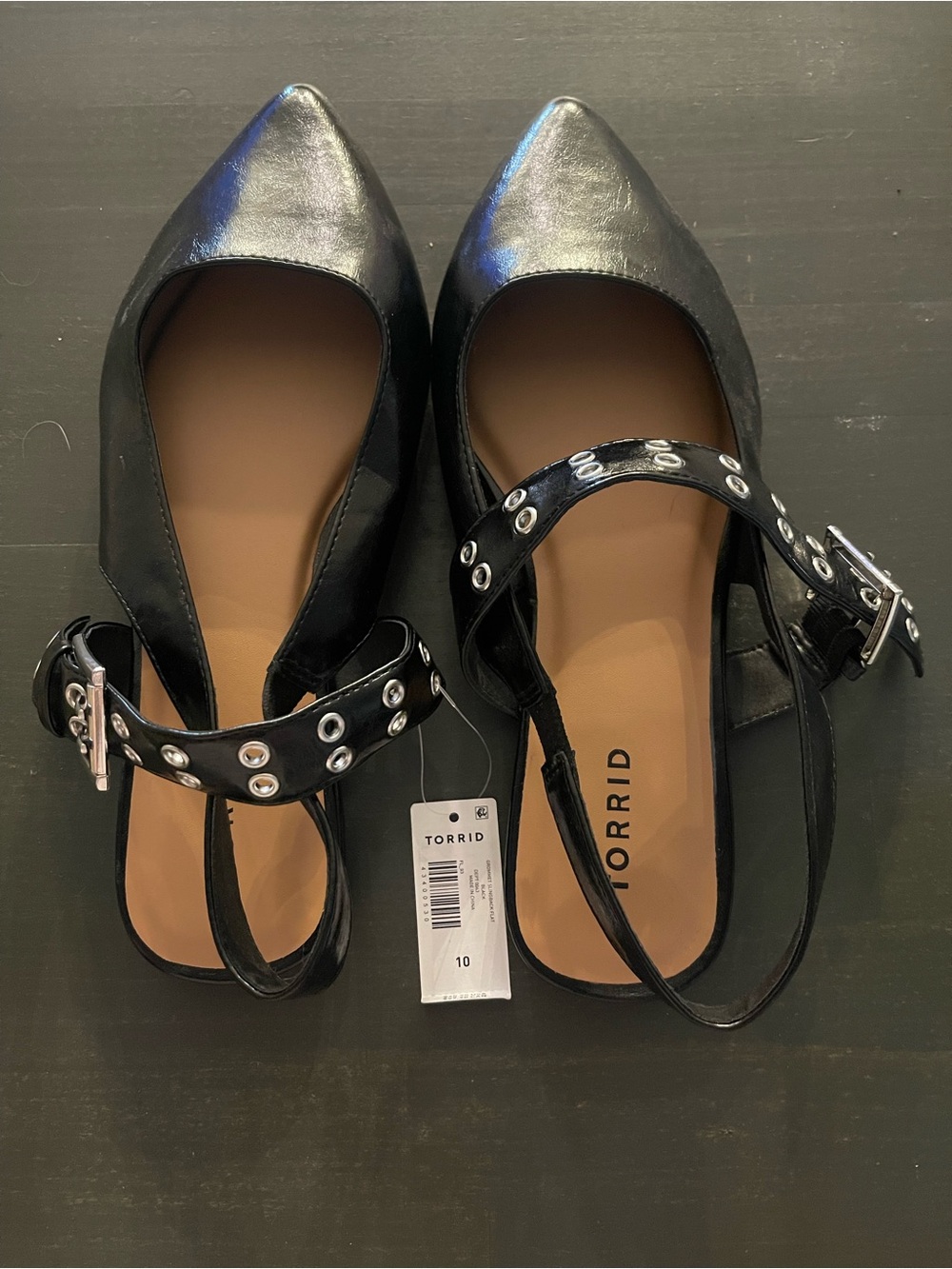 torrid Black Pointed-Toe Grommet Strap Flats with Buckle